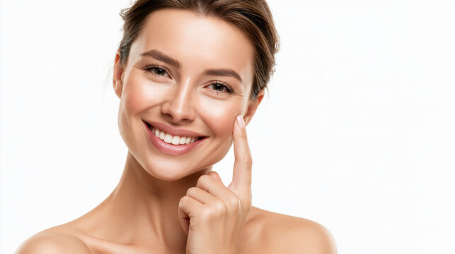 Beautiful young woman touching her smooth clean face skin with bright natural lighting and studio backdrop