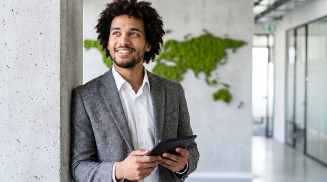 Smiling businessman holding a tablet in a modern office with a world map decoration.