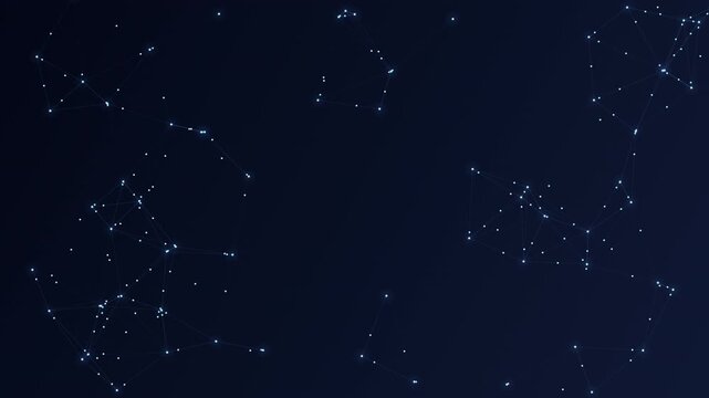 Abstract electric arc surge and glowing constellation network on dark blue background representing digital connections in deep space