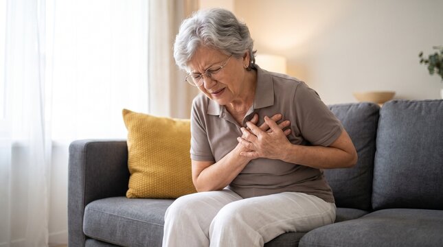 Elderly woman experiencing severe chest pain or heart attack while sitting on a sofa at home.