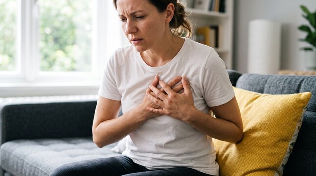 Woman experiencing severe chest pain or heart attack symptoms while sitting on a couch at home.