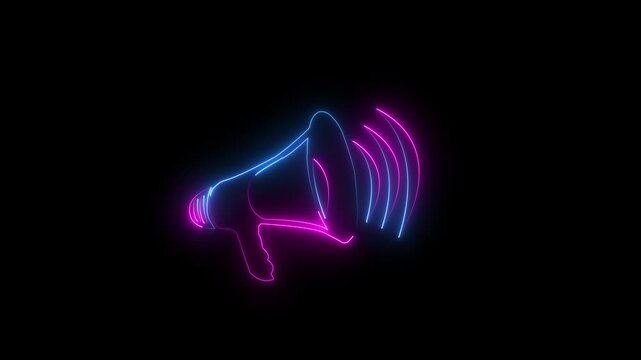 symbolizing announcement and communication with vibrant energy. Abstract glowing neon hand speaker icon with sound wave animation.