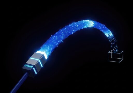 Fiber optic cables glowing with blue light bridge a dark gap between a modern high-speed data network and a simplified disconnected region, futuristic, signal, communication