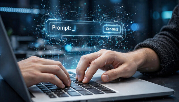 Programmer in Hood Working on Laptop with Futuristic AI System Prompt Interface, Cyber Security Breach, Binary Code Software Engineering and Machine Learning Data Concept in Dark Office
