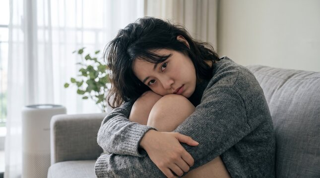 A young Asian woman sits on a sofa, hugging her knees, looking sad and lonely in her living room.