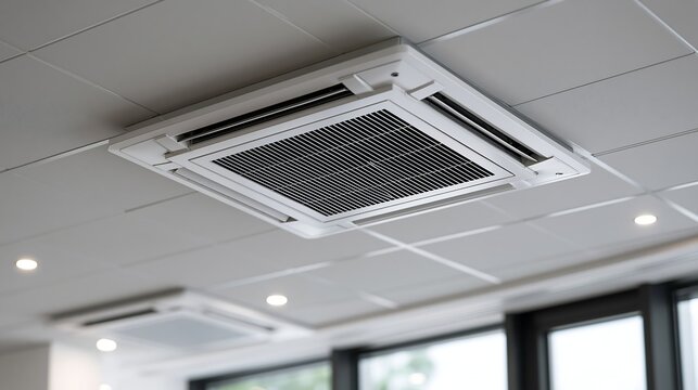Recessed cassette air conditioner on a modern suspended ceiling isolated on transparent background. HVAC technology for climate control.