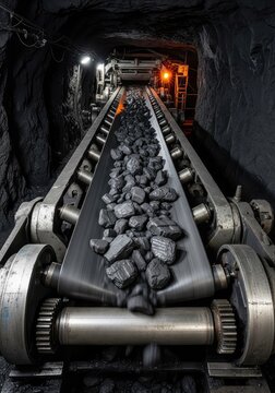 Heavy-duty industrial conveyor belt transporting raw black coal through a dark underground mine shaft with mechanical rollers and metal gears, coal, mineral, structure