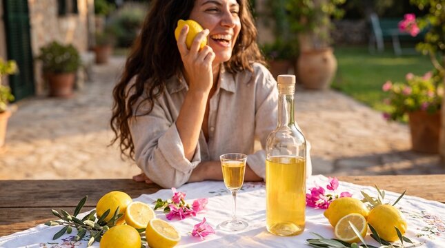 A smiling woman holding a lemon to her ear at an outdoor table with limoncello, fresh lemons, and flowers in warm sunlight.