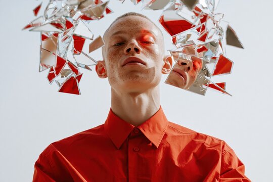 Conceptual fragmented mirror portrait of a freckled man in a red shirt with shattered reflections for abstract background and fashion lifestyle