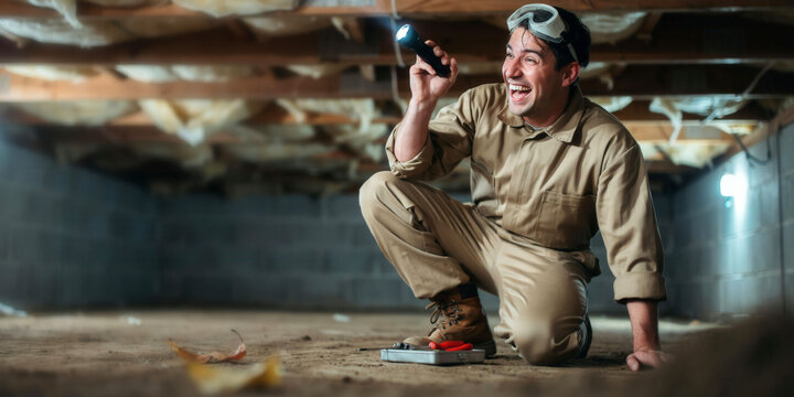 Excited home inspector or repairman using a flashlight while examining a dark crawl space under a house