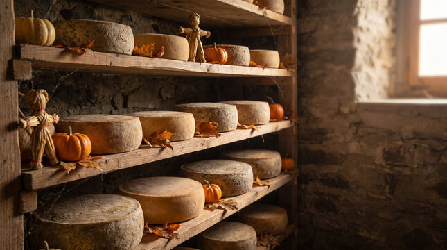 Artisan Cheese Wheels Aging on Wooden Shelves in a Traditional Rustic Cellar