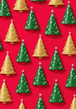 Seamless holiday pattern features decorated gold and green christmas trees with tiny white snowflakes on a vibrant red background for joy, decor, pine, ornament