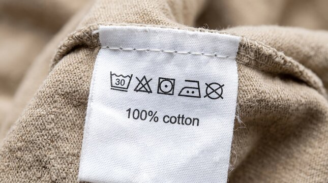 Close-up of a white 100% cotton clothing care label with washing symbols on beige fabric, apparel manufacturing, textile industry and garment quality standards for retail business
