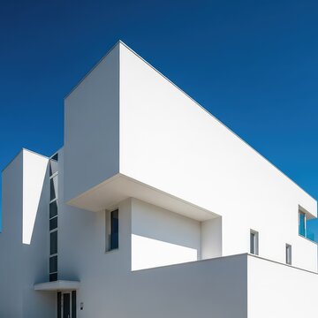 Stunning white modern building features sharp geometric angles and clean lines against a vivid blue sky, highlighting minimalist aesthetic, bright, sunlight, construction