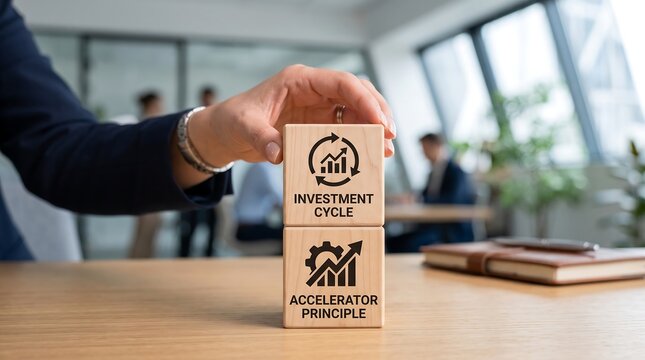 A business person stacking wooden blocks with investment cycle and accelerator principle written on them