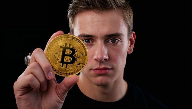 Young Man Holding Gold Bitcoin Coin Symbolizing Cryptocurrency Investment and Digital Finance Concept