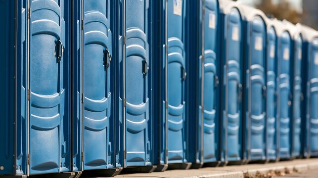 A long row of blue portable toilets is neatly lined up under bright sunlight, isolated on transparent background. Essential temporary restroom facilities for events or.