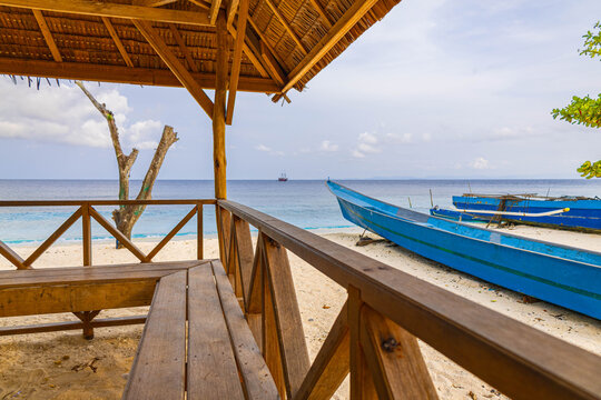 The beach scene with gazebo on the beach under palm tree