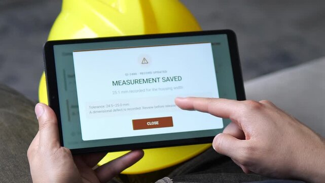 Technician records an out-of-tolerance measurement on a tablet during digital quality control, highlighting smart manufacturing, precision inspection and defect tracking.