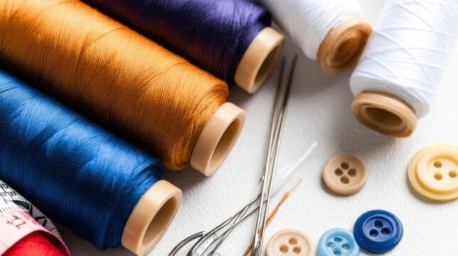 Colorful spools of thread arranged beside buttons and needles on a light surface