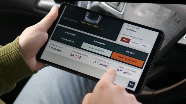 Driver reviews a digital vehicle damage assessment on a tablet, tracking dents, repair costs and evidence photos during a modern insurance claim inspection.