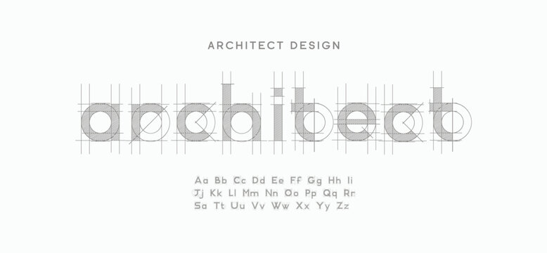 Architect project Lowercase font, technical draw style alphabet. Geometrical typography. Wireframe letters, typographic design with draft strokes for architecture logo and headline. Isolated vector ty