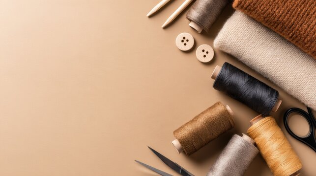 A collection of sewing materials, including threaded spools, scissors, and buttons on a neutral backdrop