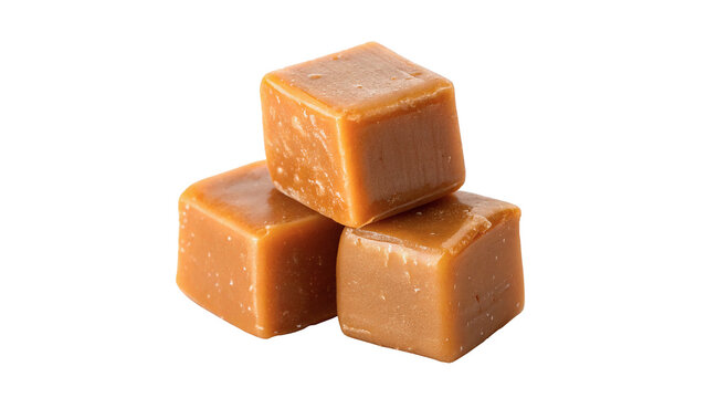 Heap of sweet caramel fudge candy cubes on transparent background
