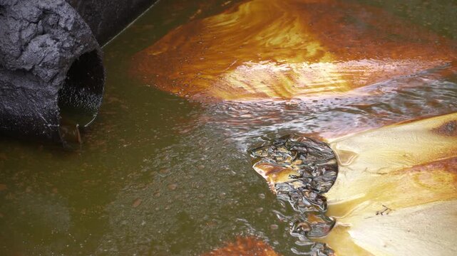 Crude oil flows into an open containment pit at Teksas Wonocolo traditional oil mining field, Bojonegoro, East Java, Indonesia, showing raw petroleum extraction and industrial environmental impact.