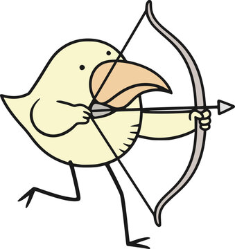 Funny yellow bird aiming a bow and arrow while practicing archery sport.