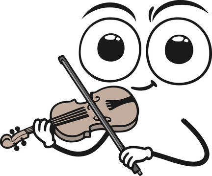 Funny character with oversized eyes joyfully playing the violin in a whimsical cartoon style.