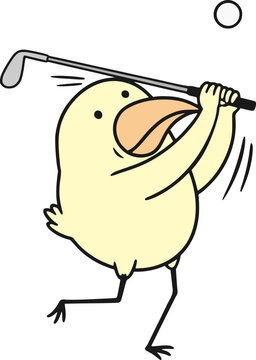Funny cartoon chicken playing golf, swinging a club and striking the ball.