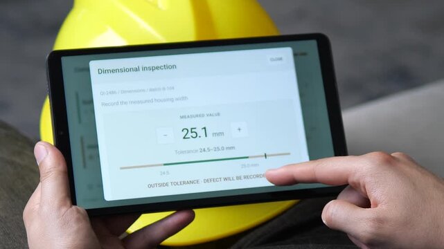 Technician records an out-of-tolerance component measurement on a tablet, highlighting digital quality control, defect tracking and precision manufacturing inspection.