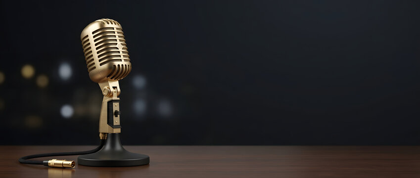 Professional vintage gold microphone on a dark wooden desk with blurred bokeh background, ideal for podcasting, broadcasting, radio hosting, and musical recording studio concepts.