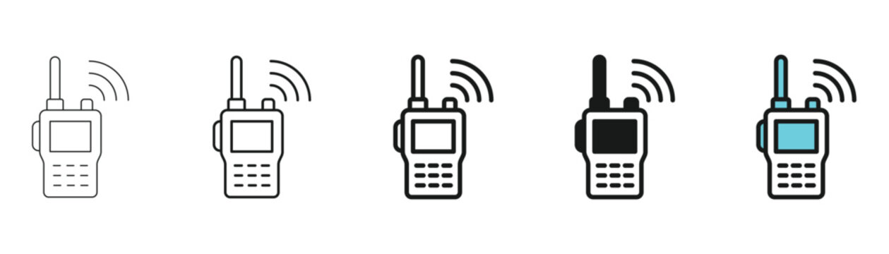 Walkie talkie icons in different styles, radio communication devices for professional and personal use, vector illustration