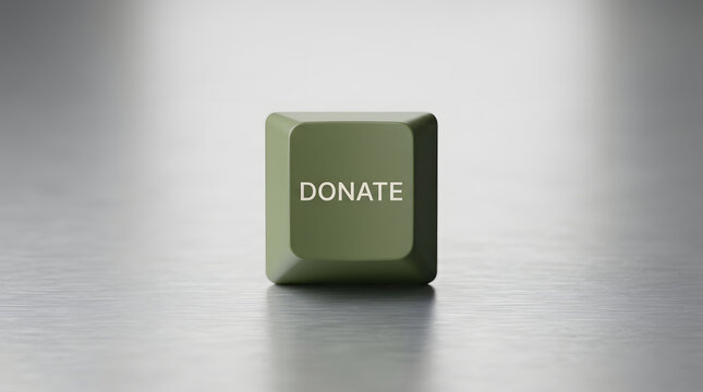 Close-up of a green mechanical keyboard keycap with the word donate printed on it, resting on a brushed metal surface, symbolizing digital charity, online crowdfunding, and financial support.
