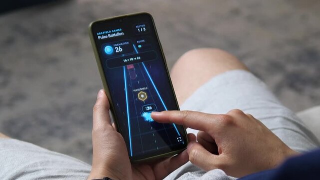Player launches a futuristic mobile strategy game and guides a glowing squad through shields and rival zones, capturing the fast rise of interactive smartphone gaming.