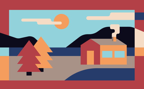Autumn Landscape with Cozy House by the Water and Pine Trees