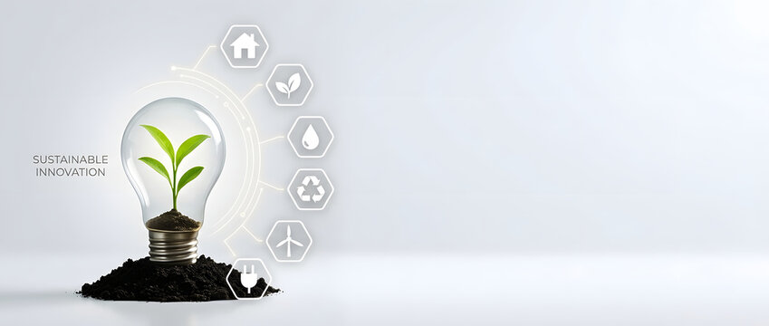 Sustainable Innovation Concept Banner with Green Plant Growing Inside Lightbulb on Soil, Featuring Eco Icons for Renewable Energy, Recycling, and Environmental Conservation on White Background.