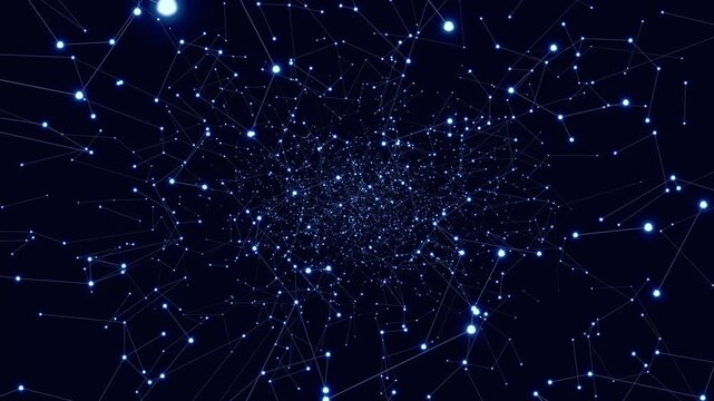 紺色の空間に青白い光点と幾重にも交差する細い線の網目が広がり奥へ進む立体的な抽象ネットワークのループ映像