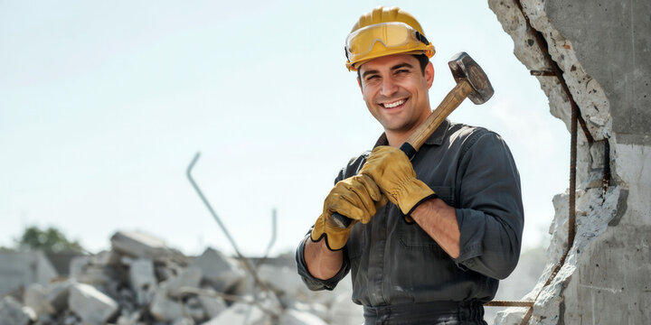 Smiling demolition worker holding sledgehammer on construction site