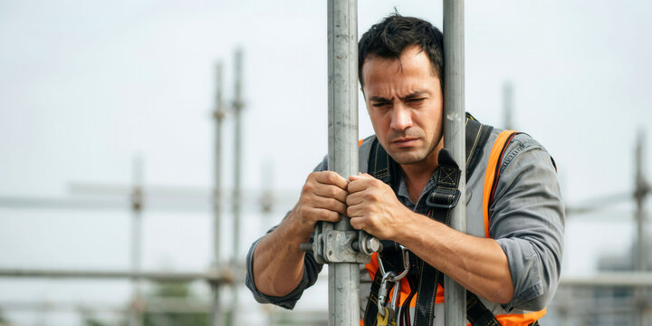 Tired construction worker leaning on scaffolding, taking a break outdoors