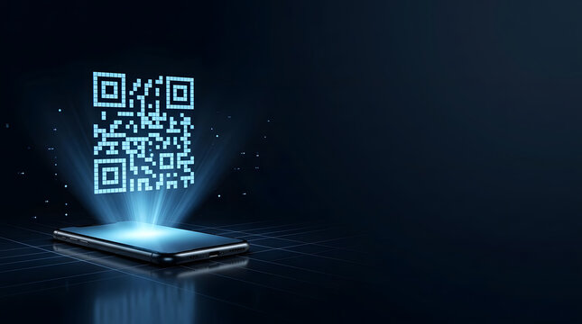 Glowing blue digital QR code scanning from a generic smartphone screen for mobile payment and cashless banking transactions on a dark futuristic background with grid lines.
