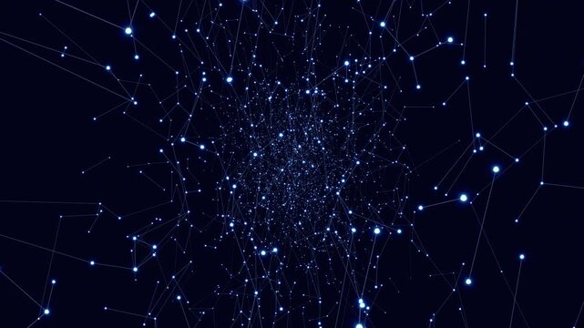 青白い光点と細い線の網目が紺色の空間に縦長に広がり中央の奥へ進む立体的な抽象ネットワークのループ映像