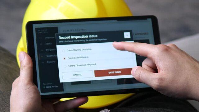 Construction inspector records an electrical routing issue on a tablet, highlighting digital site quality control, compliance checks and corrective action workflow.