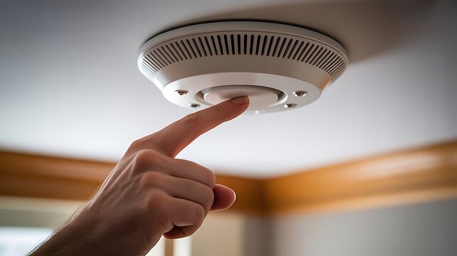 A person pressing the test button on a white smoke detector mounted on a ceiling to ensure home fire safety and proper functionality of the device
