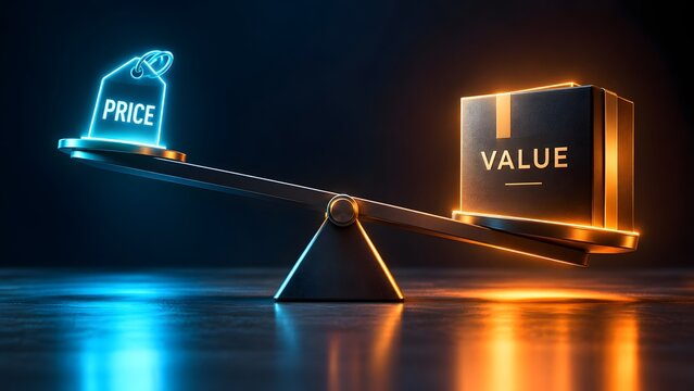 Seesaw balancing glowing price tag and value box showing higher worth over cost