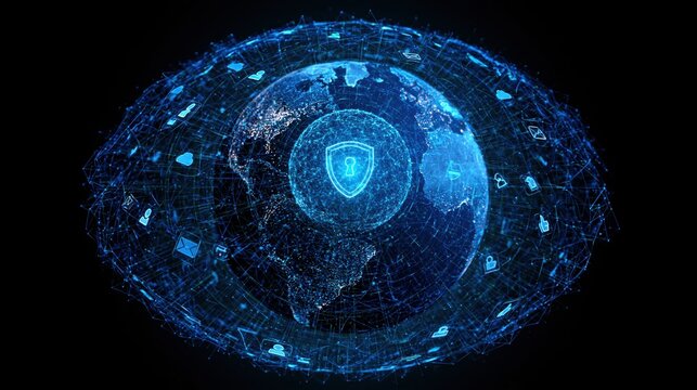 Cybersecurity abstract digital globe with shield symbol for global network data protection tech