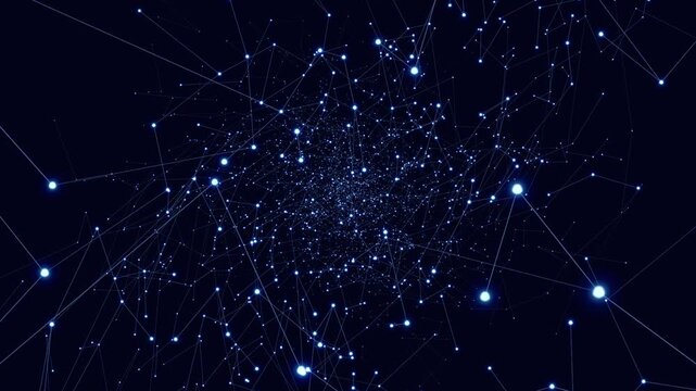 青白い光点と細い線がねじれた網目を描き紺色の空間の奥へ続く立体的な抽象ネットワークのループ映像