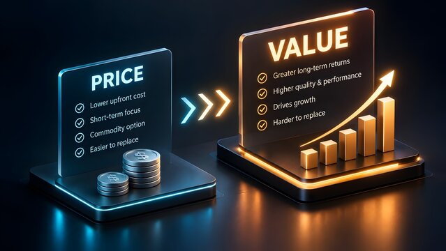Comparison presentation board showing price versus long term value with growth chart and coins